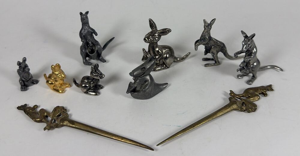 Lot of 10 Metal Kangaroo Miniature Figurines & Letter Openers/Cocktail Picks